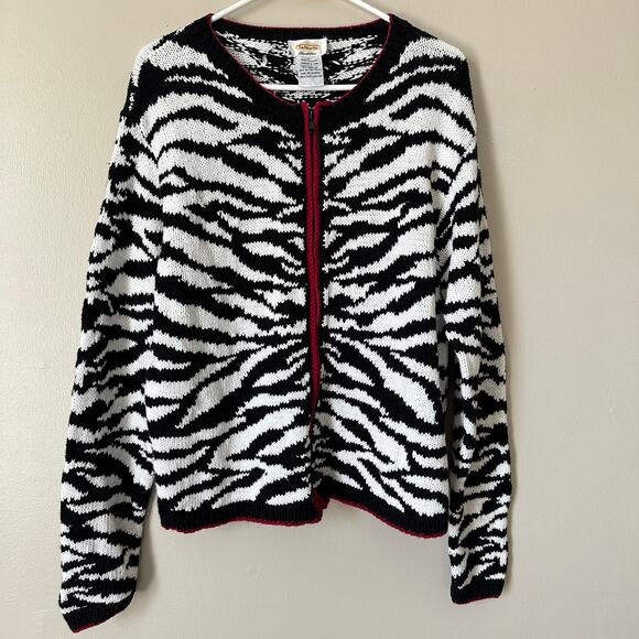 Talbots Hand Knit Zebra Zip Up Cardigan Sweater Linen Cotton Blend Womens LARGE - Picture 1 of 8